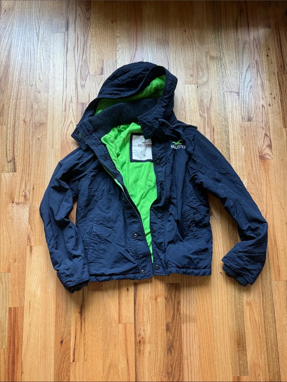 Hollister Kids Navy Hooded Rain Jacket with Bright Green Lining